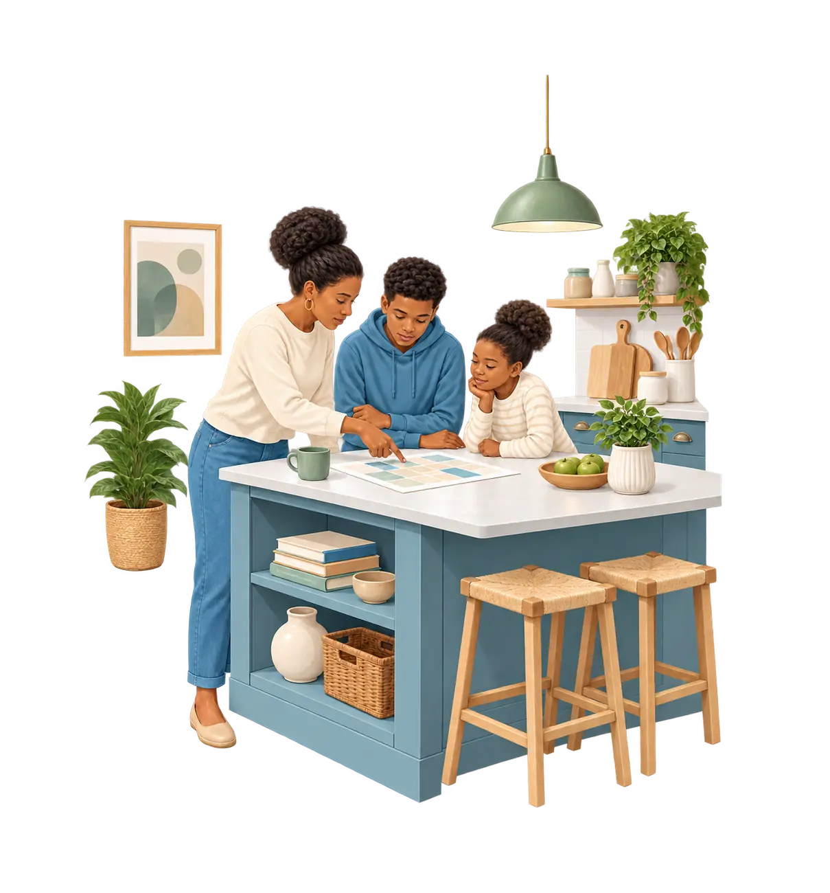A parent, a teenager and a younger child looking at a plan together around a kitchen island.